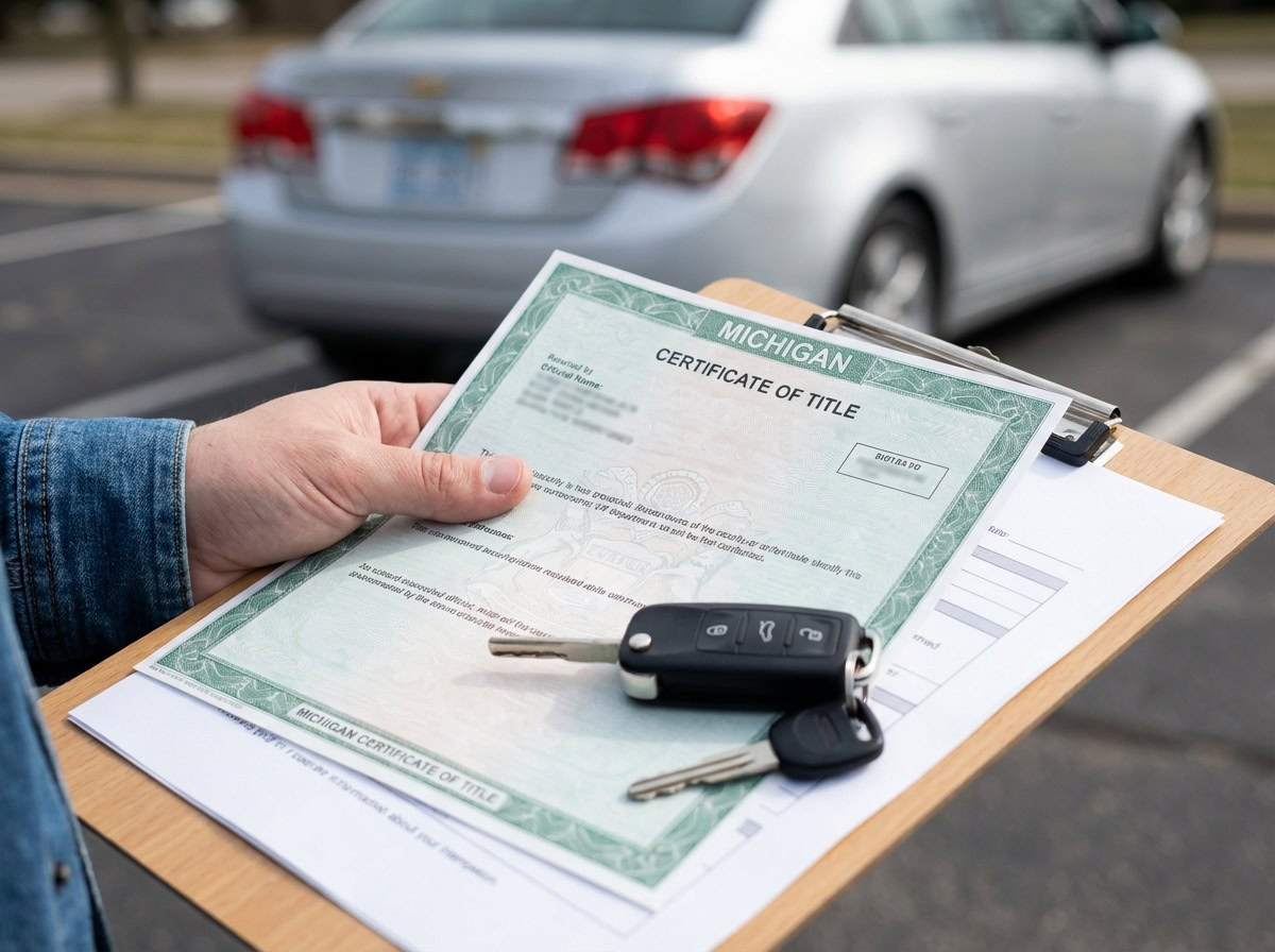 Car title and vehicle registration paperwork prepared for registering a car in Michigan