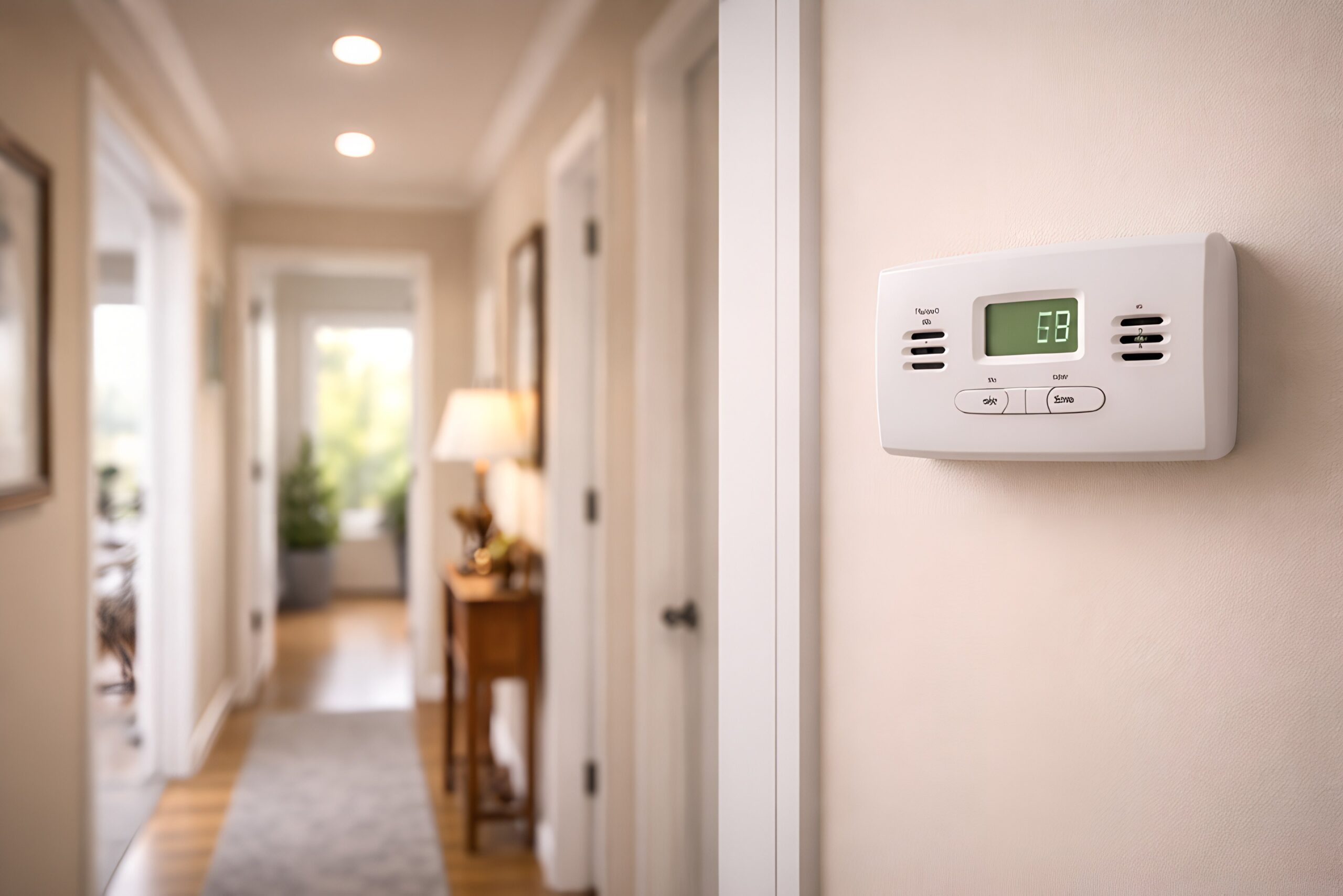 Carbon monoxide detector mounted in a hallway of a Michigan home