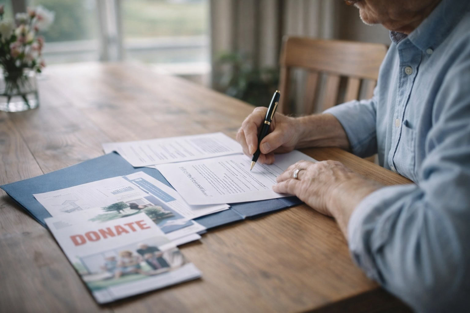 Older Michigan resident reviewing charitable giving documents at a table, planning a life insurance legacy gift