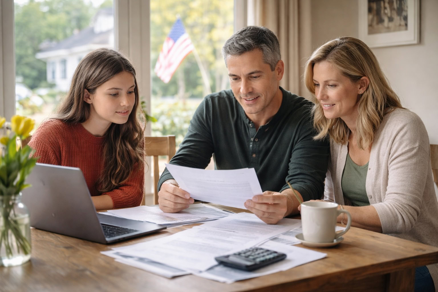 A Michigan family reviewing life insurance planning documents together at home