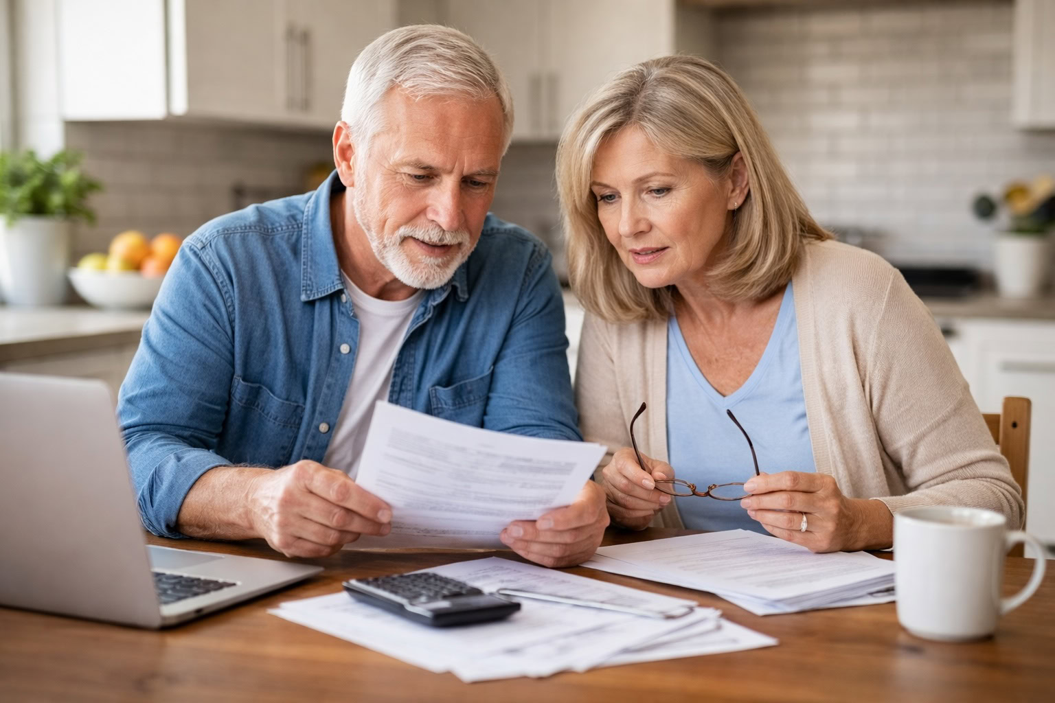 Older Michigan couple reviewing financial paperwork at a kitchen table while planning final expenses