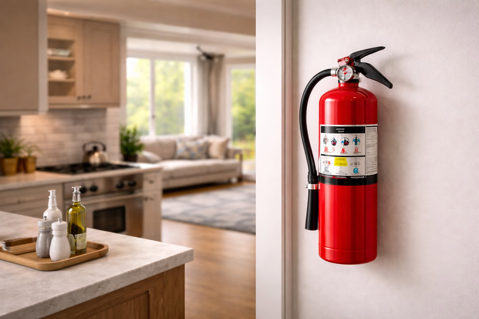 Fire extinguisher mounted near a kitchen exit in a Michigan home