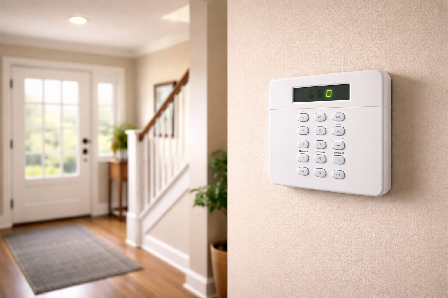 Modern home alarm keypad mounted near a Michigan home entryway with soft natural light