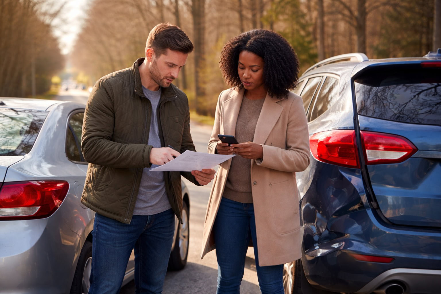 Two drivers reviewing accident paperwork beside damaged vehicles on a Michigan roadside after a minor car crash.