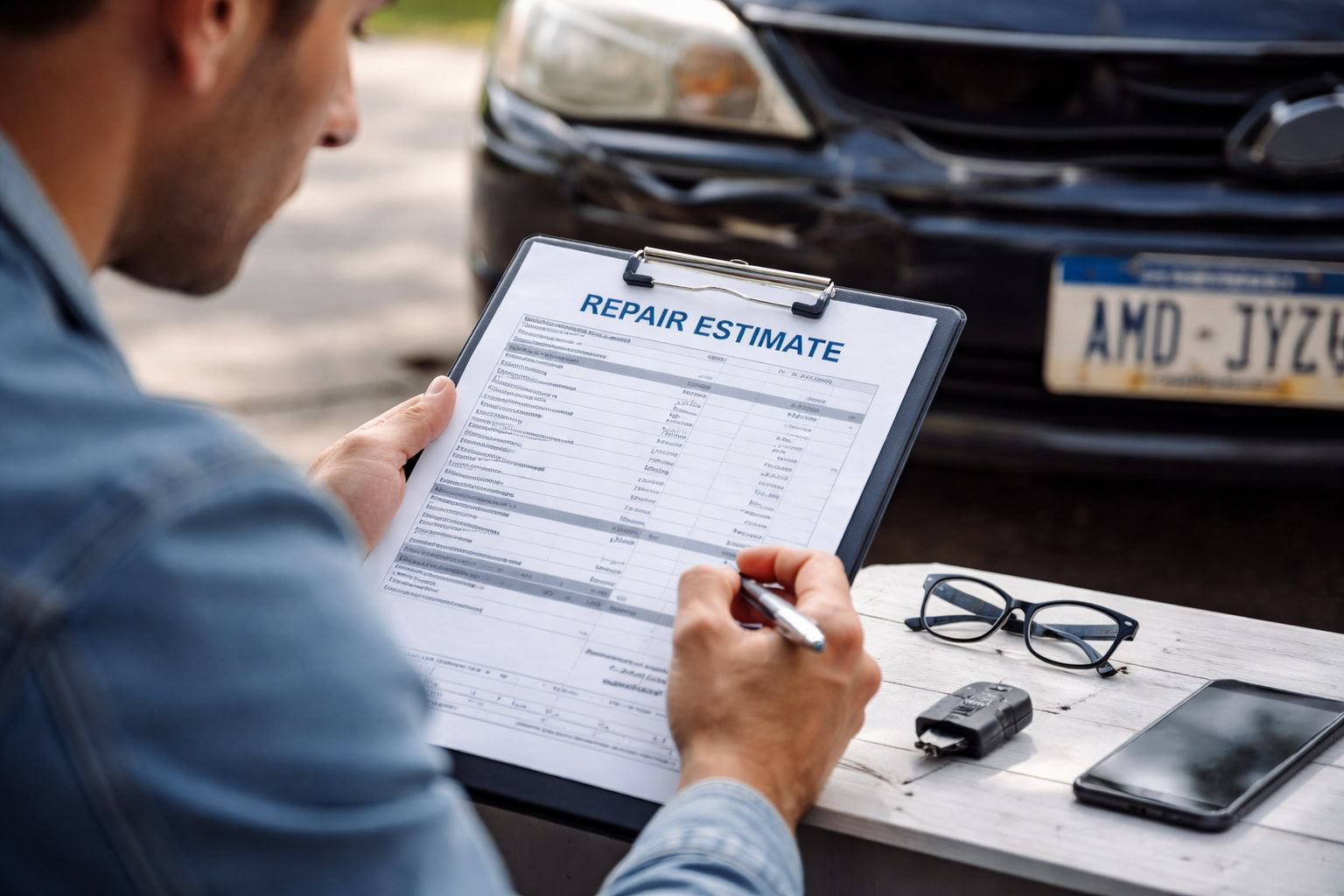 Michigan driver reviewing a vehicle repair estimate after a car accident