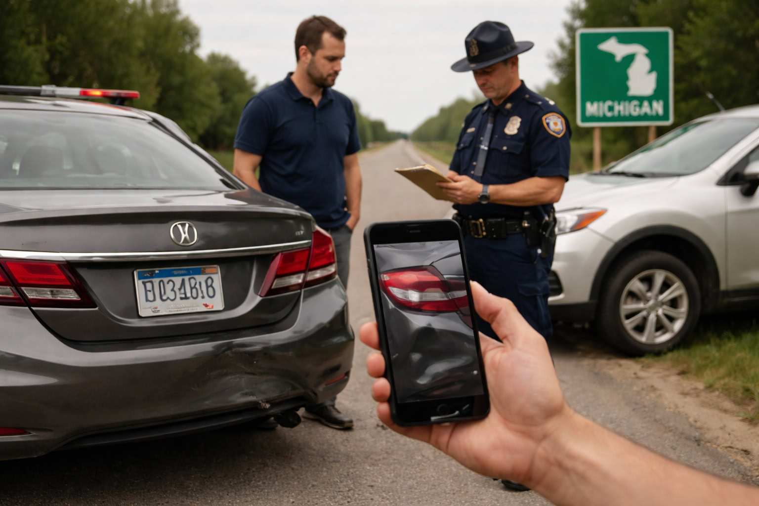 Michigan police officer documenting a roadside car accident while a driver photographs vehicle damage
