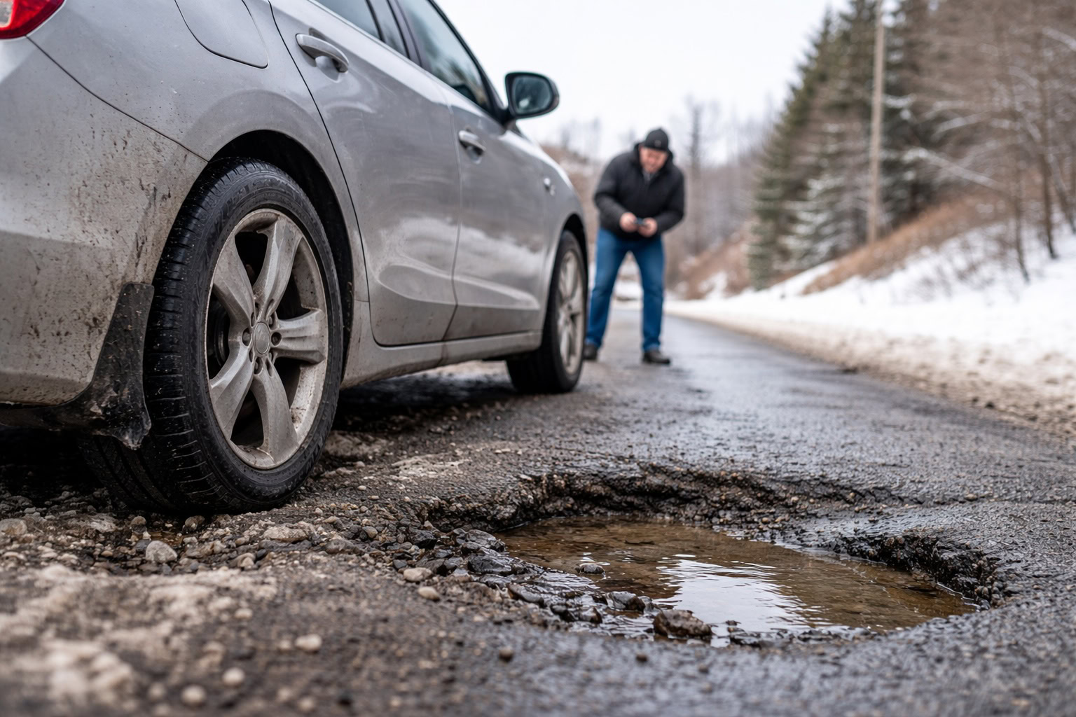 Car pulled over on the side of a Michigan road after hitting a pothole, with visible tire and wheel damage
