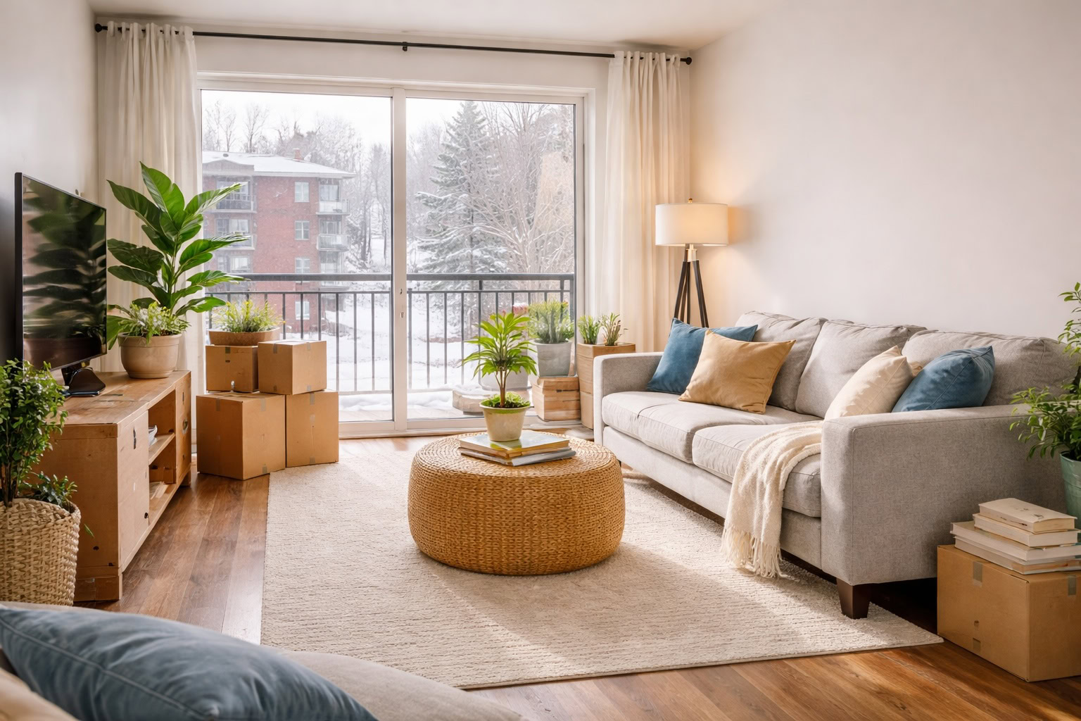 Bright apartment living room with natural light in a Michigan rental home
