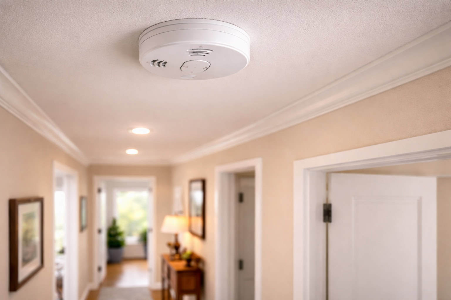 Smoke detector mounted on a hallway ceiling in a Michigan home