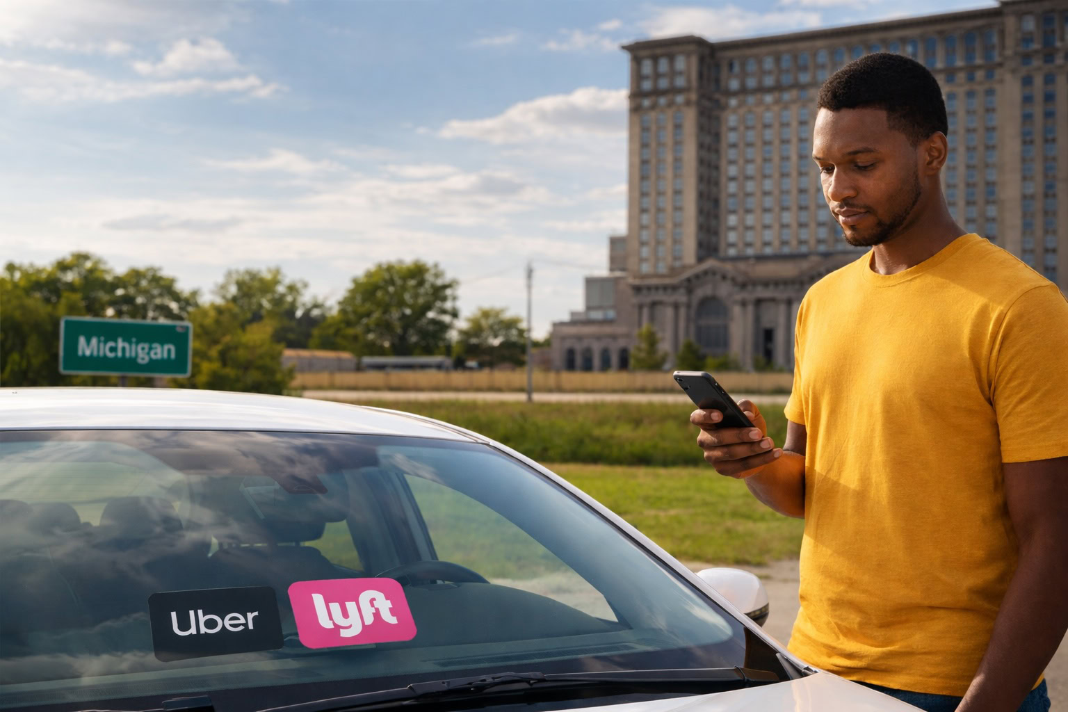 Rideshare driver standing next to a car with Uber and Lyft signs while checking a phone in Michigan
