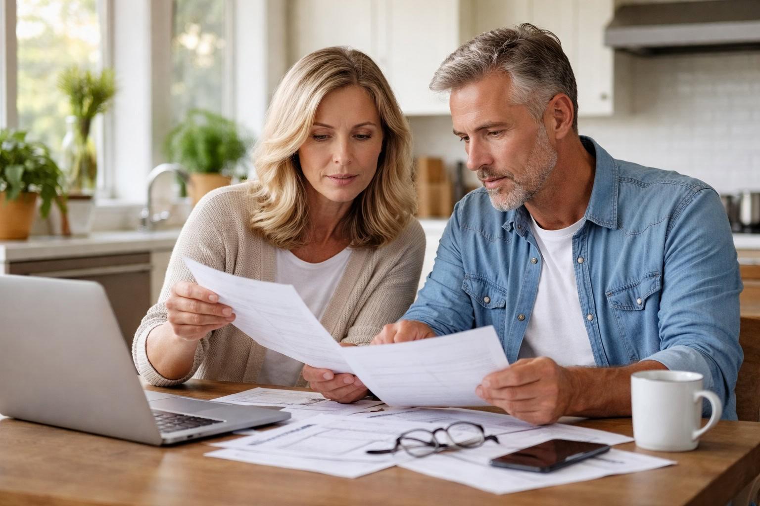 Middle-aged Michigan couple reviewing financial documents related to universal life insurance living benefits at home