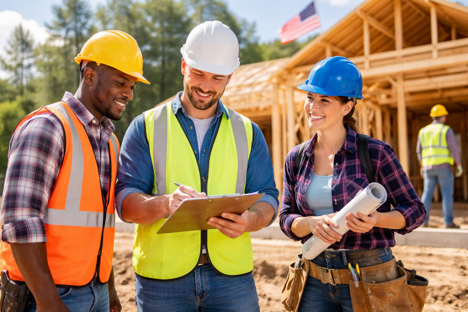 Construction workers reviewing plans at a Michigan job site, representing workers’ compensation coverage for small businesses