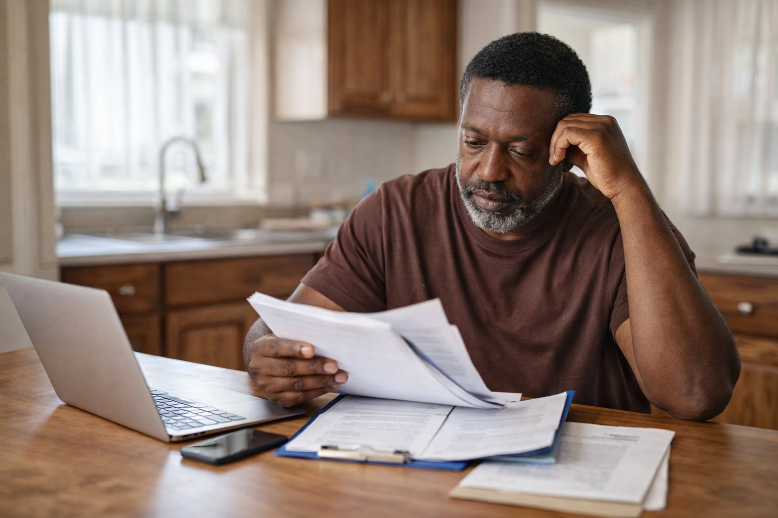 Detroit homeowner reviewing 0% interest home repair loan paperwork at a kitchen table