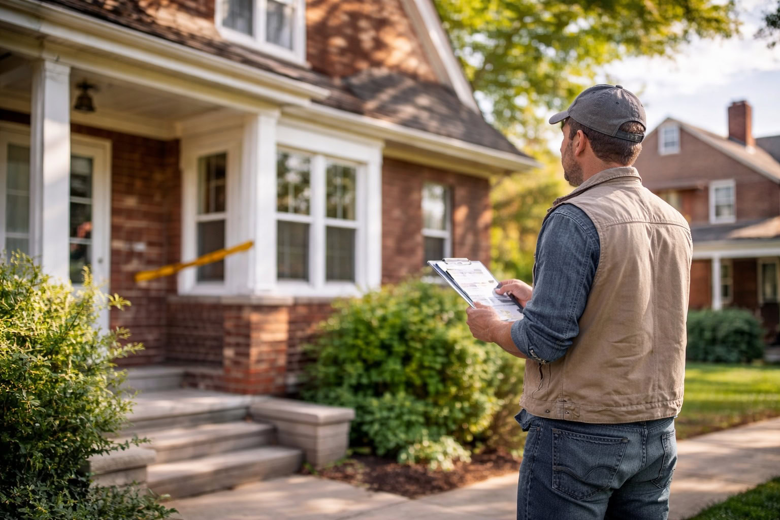 Contractor inspecting a Detroit home exterior for potential repair and improvement work