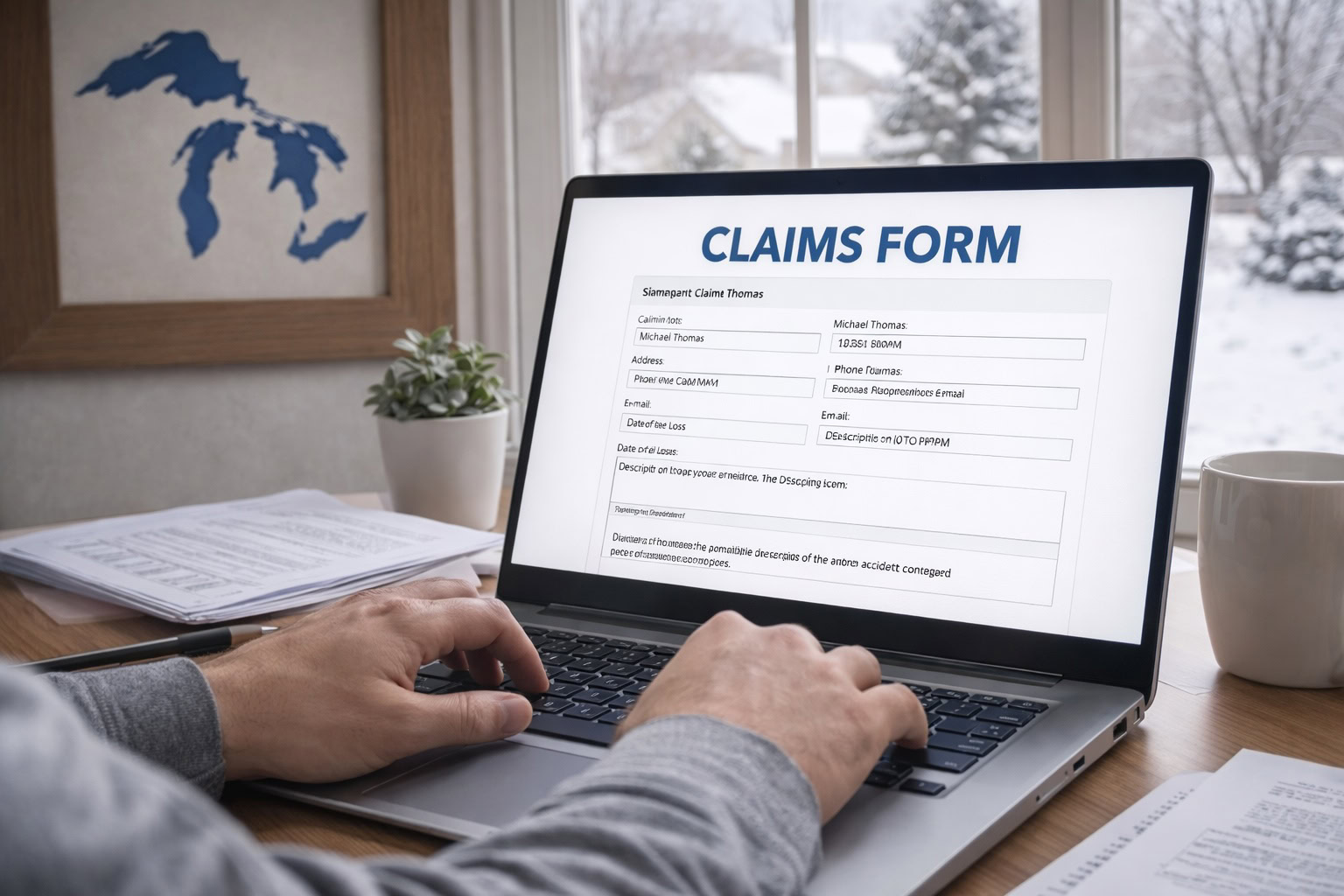 Michigan driver reviewing claim paperwork after a crash, representing no-fault benefits through the Michigan Assigned Claims Plan.