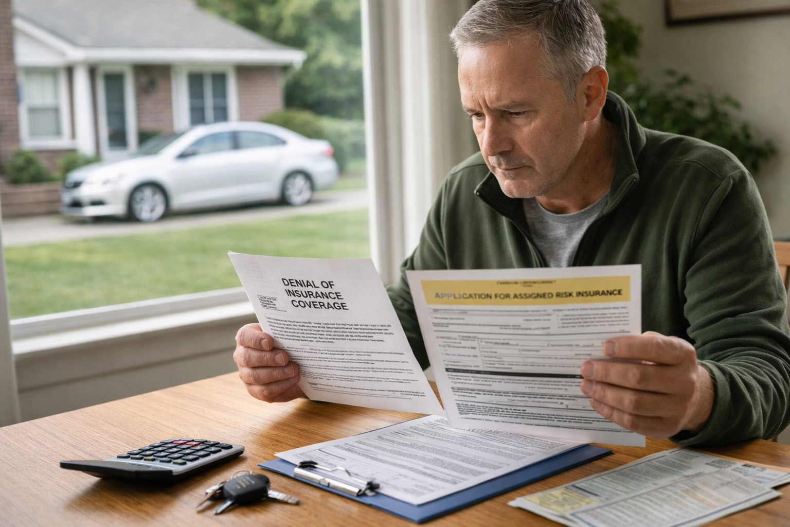 Michigan driver reviewing auto insurance paperwork after being denied standard coverage