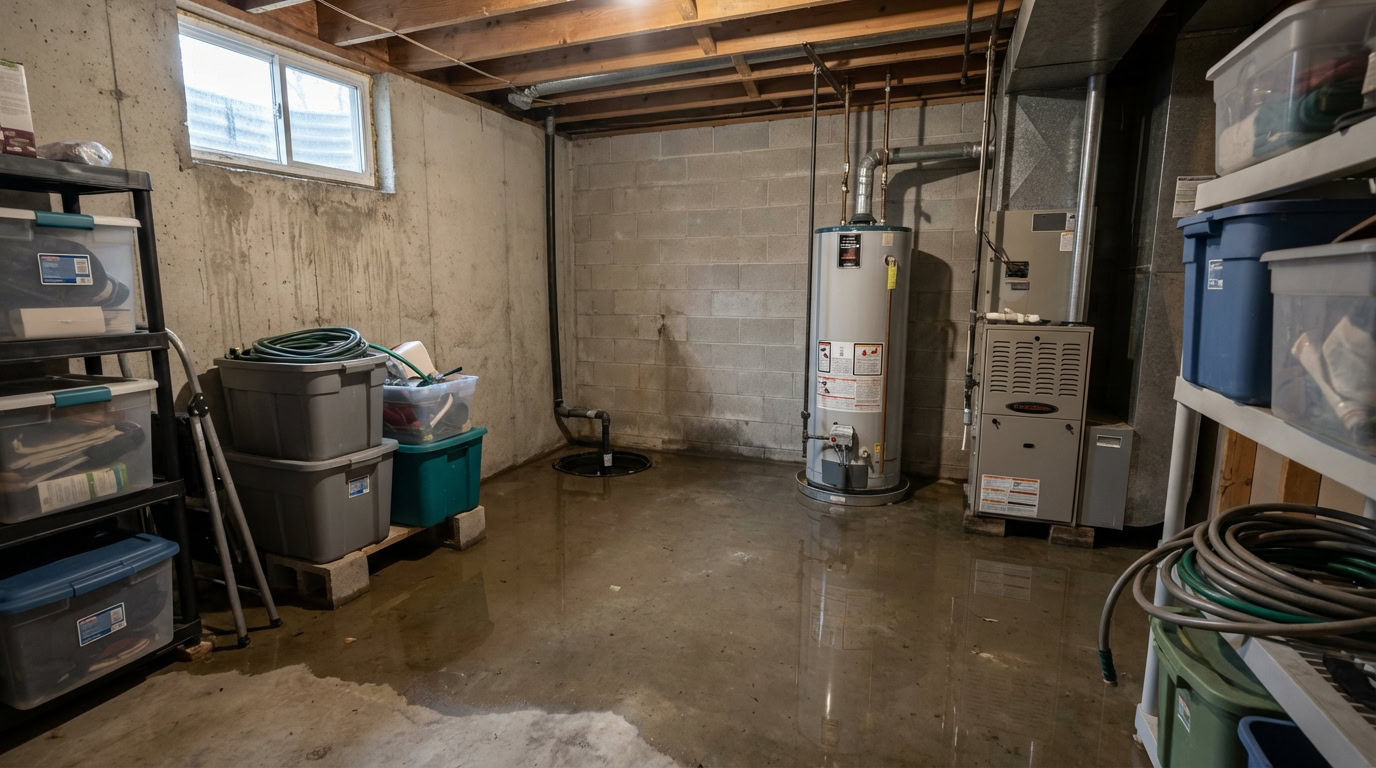 Unfinished Michigan basement utility area with shallow standing water near a water heater, furnace, and sump pump after heavy rain.