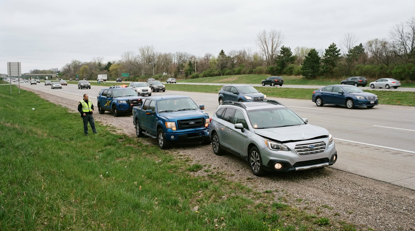 Two damaged vehicles safely pulled onto the right shoulder of a Michigan highway after a minor car accident with a police officer nearby