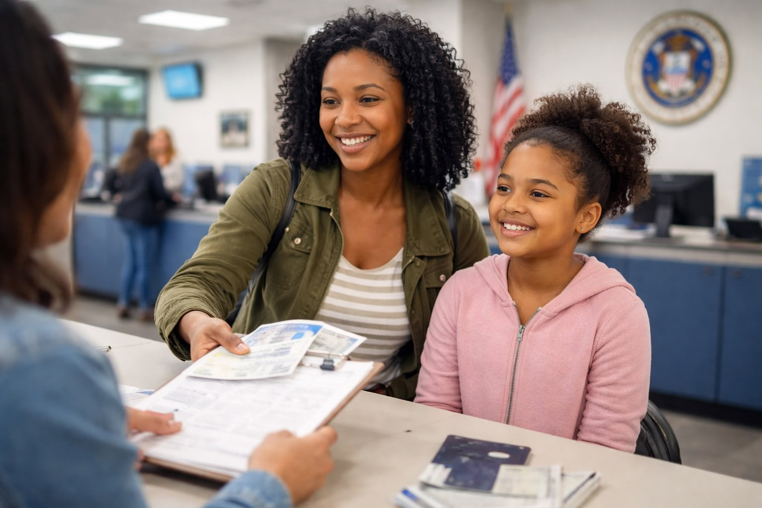 Parent and child at a Michigan Secretary of State office, representing applying for a Michigan child state ID.