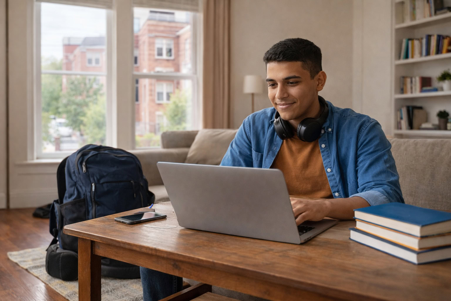 Michigan college student working in an off-campus apartment, representing renters insurance protection for students