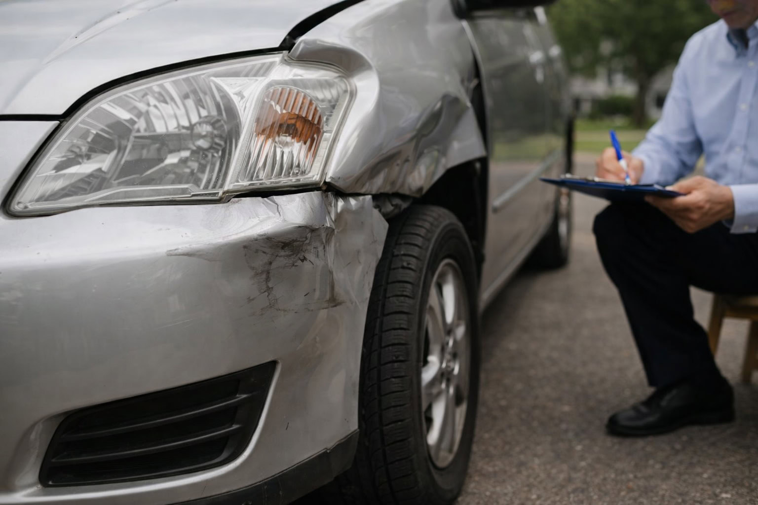 Michigan driver inspecting front-end vehicle damage when reviewing collision insurance coverage options