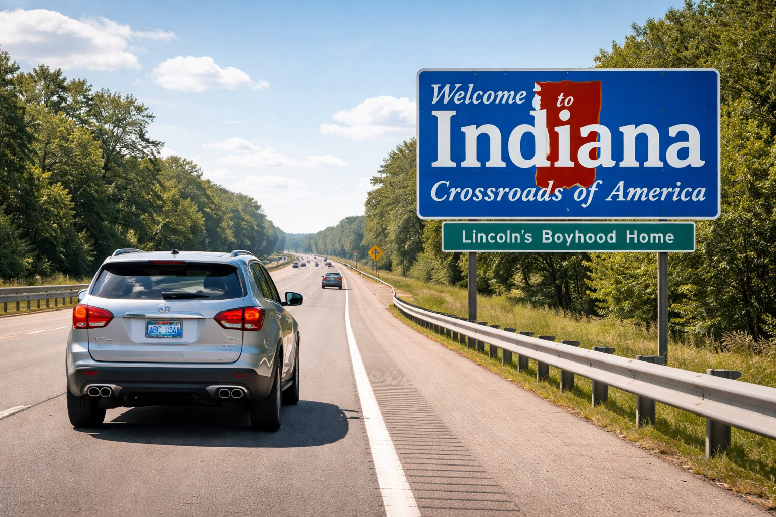 Michigan vehicle entering Indiana on a highway near a welcome sign during daytime travel