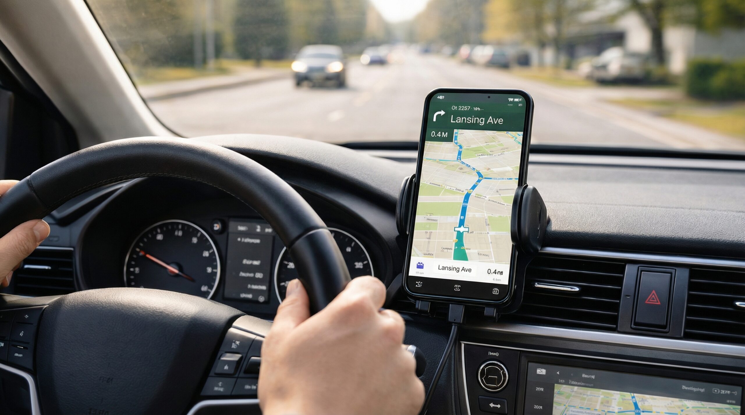 Driver using a mounted smartphone hands-free while driving in Michigan