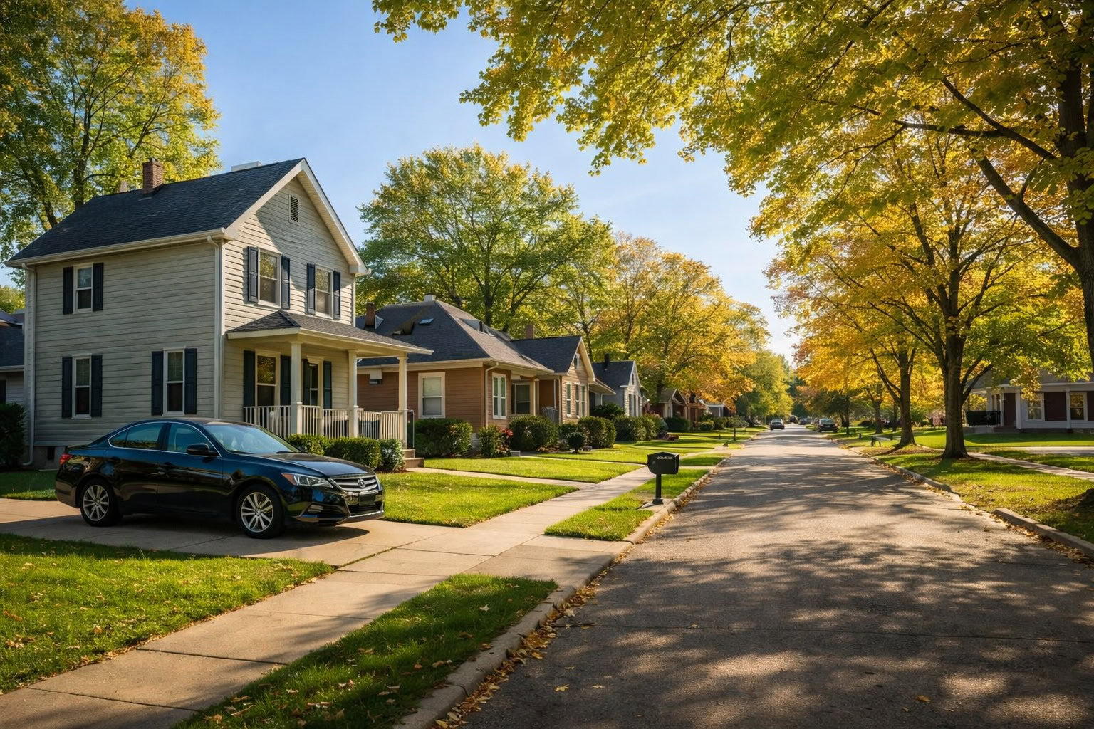 Michigan neighborhood with homes and vehicles representing auto and home insurance coverage needs