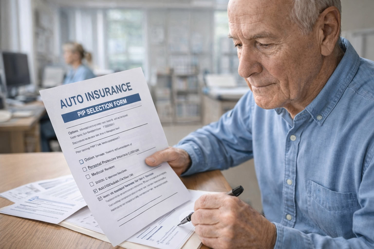 Michigan senior reviewing an auto insurance policy at home, representing Medicare and PIP opt-out decisions.