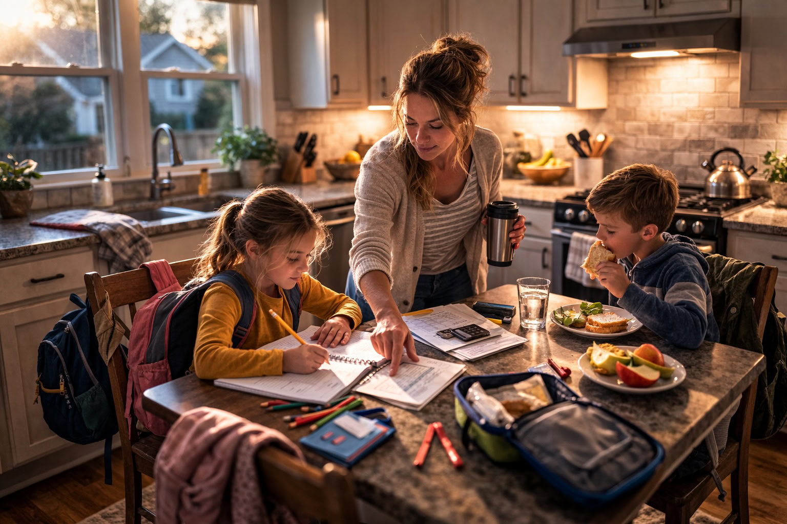 Michigan mother helping two children with homework at kitchen table during evening routine