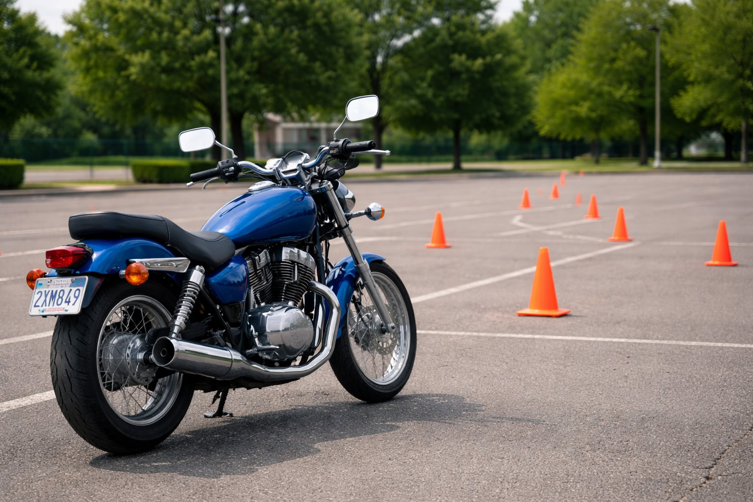 Parked motorcycle near training cones in an empty lot, representing motorcycle endorsement testing and training requirements in Michigan.