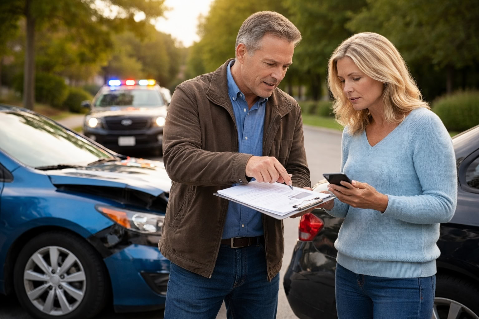 Two drivers exchanging information after a car accident in Michigan, representing exceptions to Michigan no-fault insurance rules.