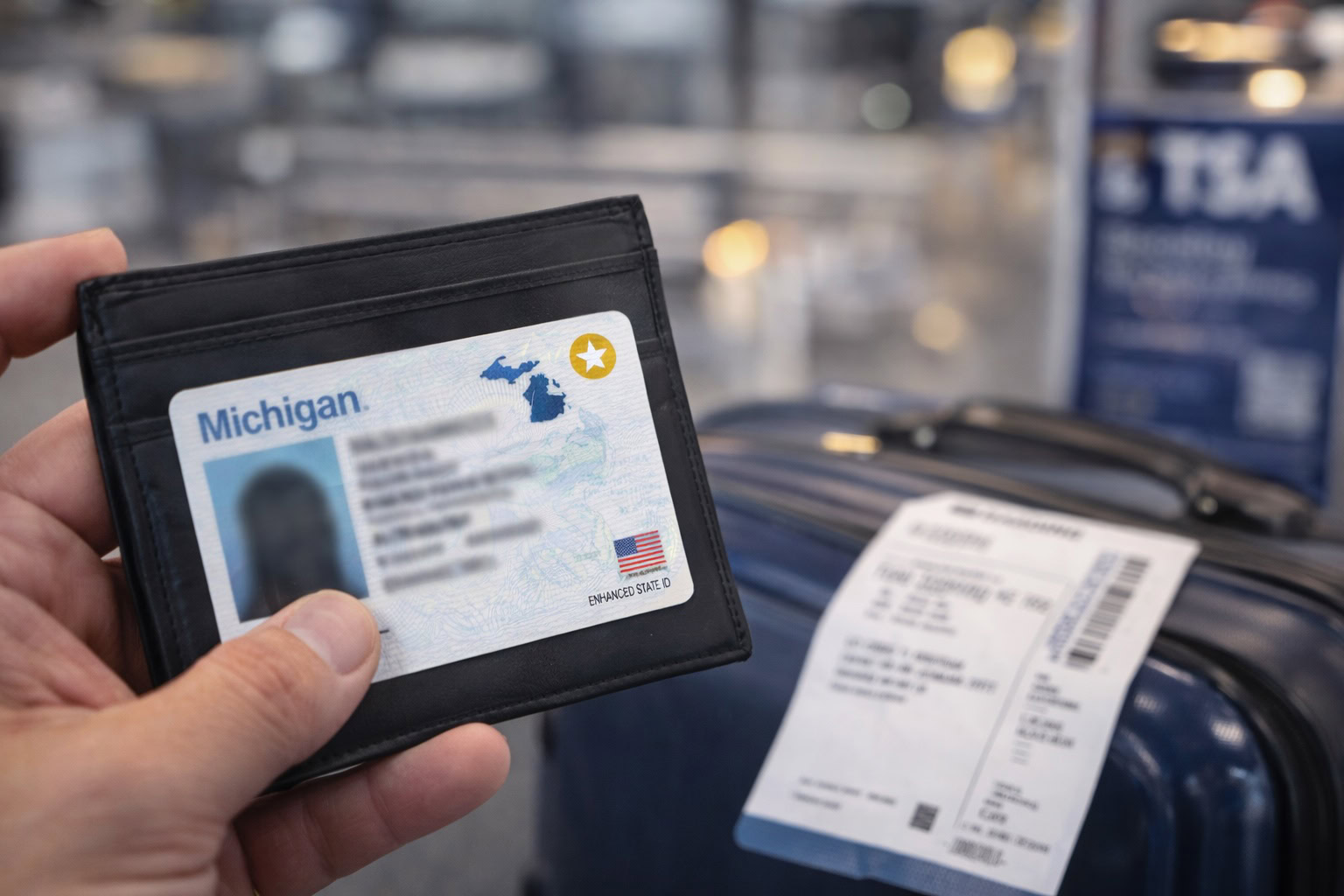Michigan resident holding an ID at an airport check-in area, representing REAL ID requirements for domestic flights.