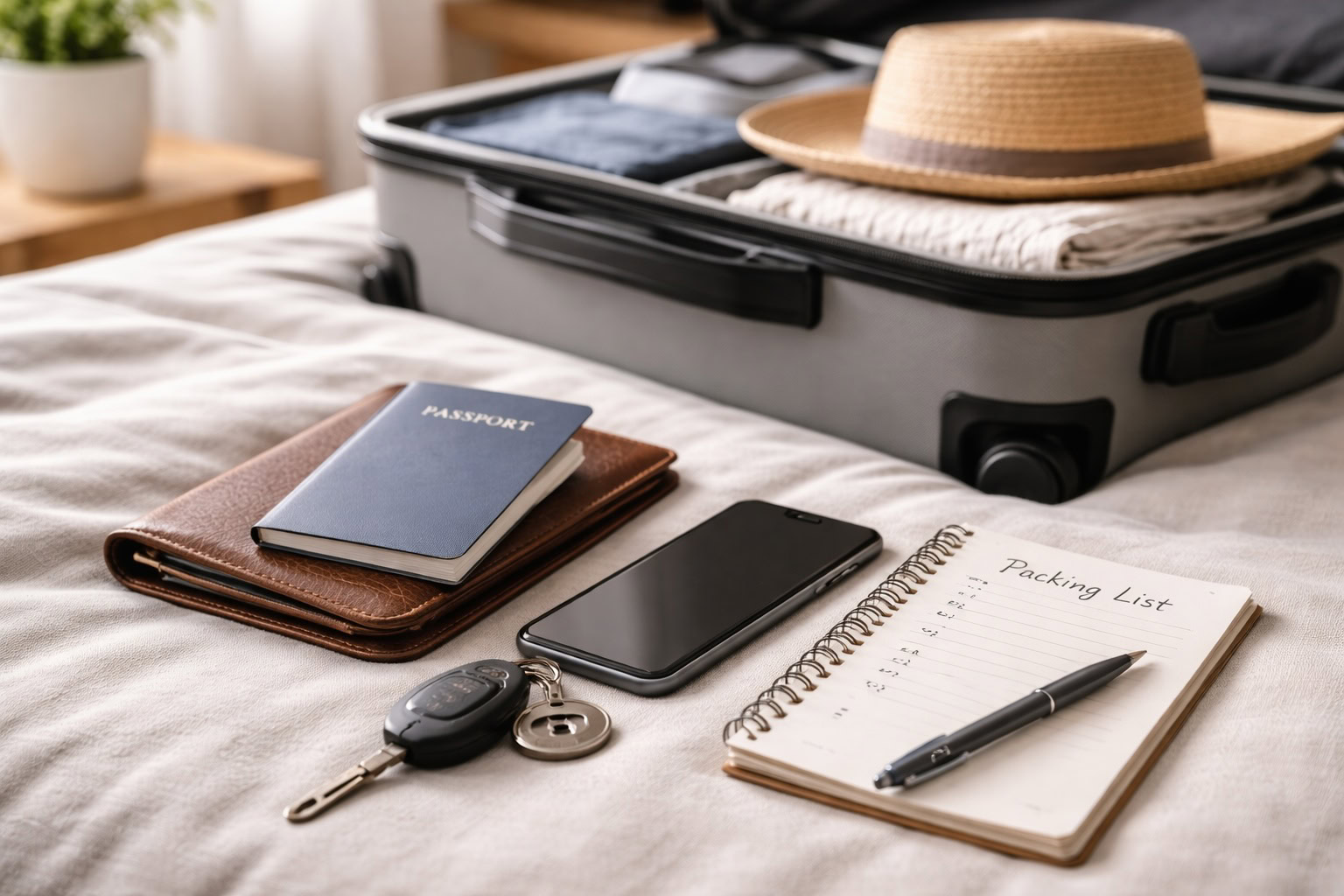 Travel preparation scene with a packed carry-on suitcase and personal items, representing requirements for flying from Michigan