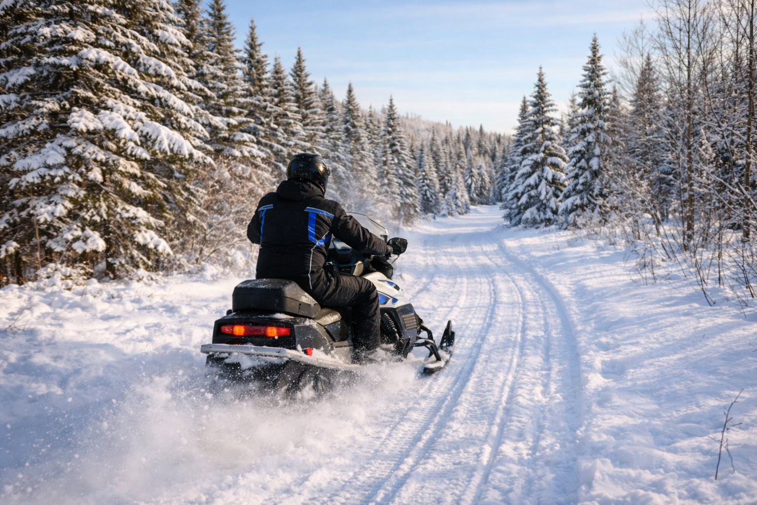 Snowmobile rider traveling on a groomed winter trail in Northern Michigan surrounded by snow-covered pine trees.