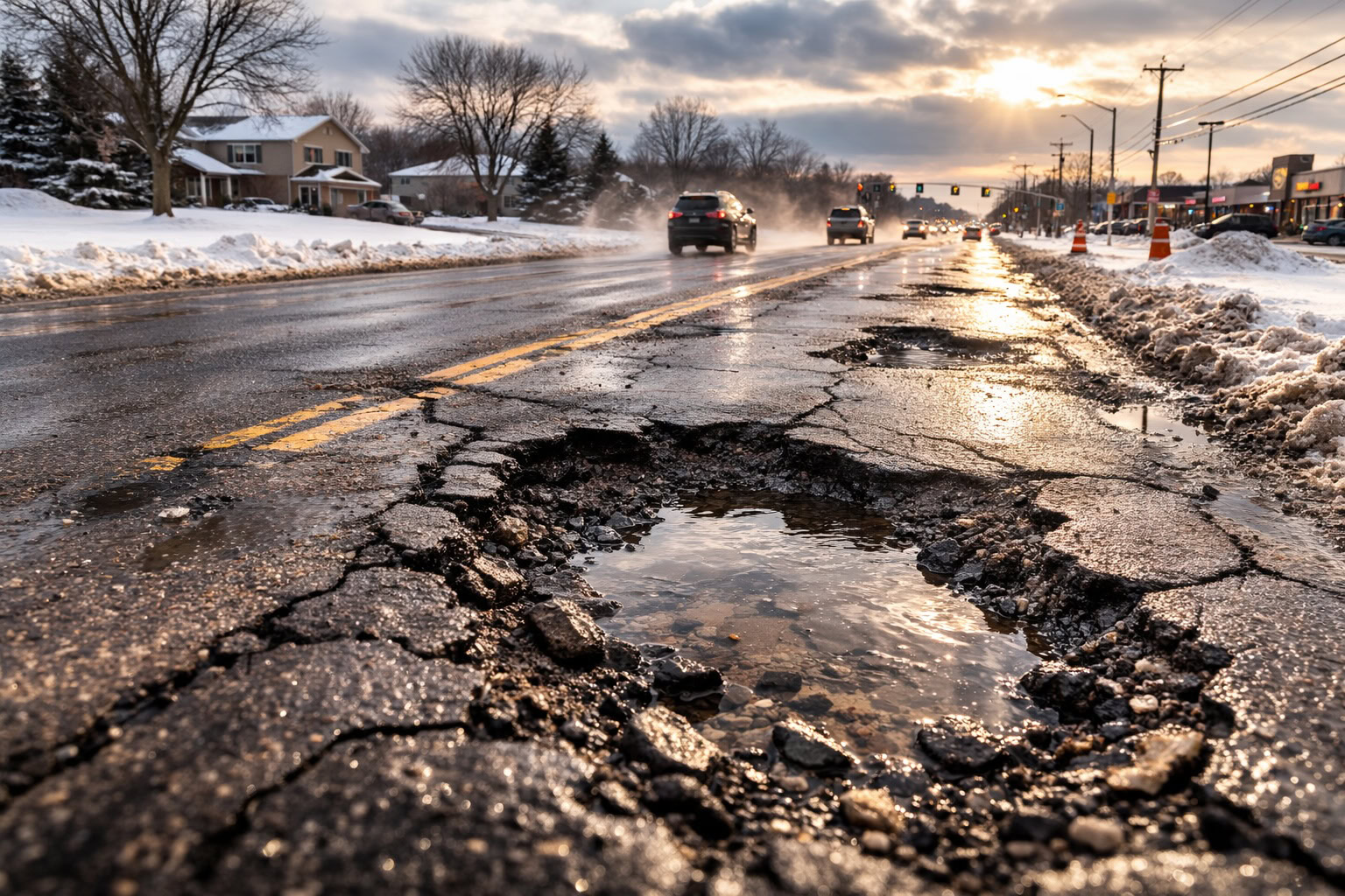 Large potholes forming on a Michigan road during winter thaw with wet pavement and traffic in the background