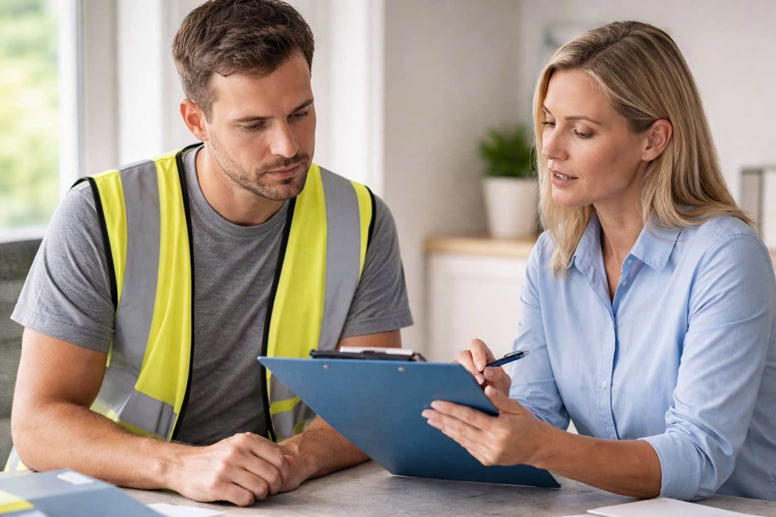 Michigan worker discussing a workplace injury and workers’ compensation claim process with a supervisor