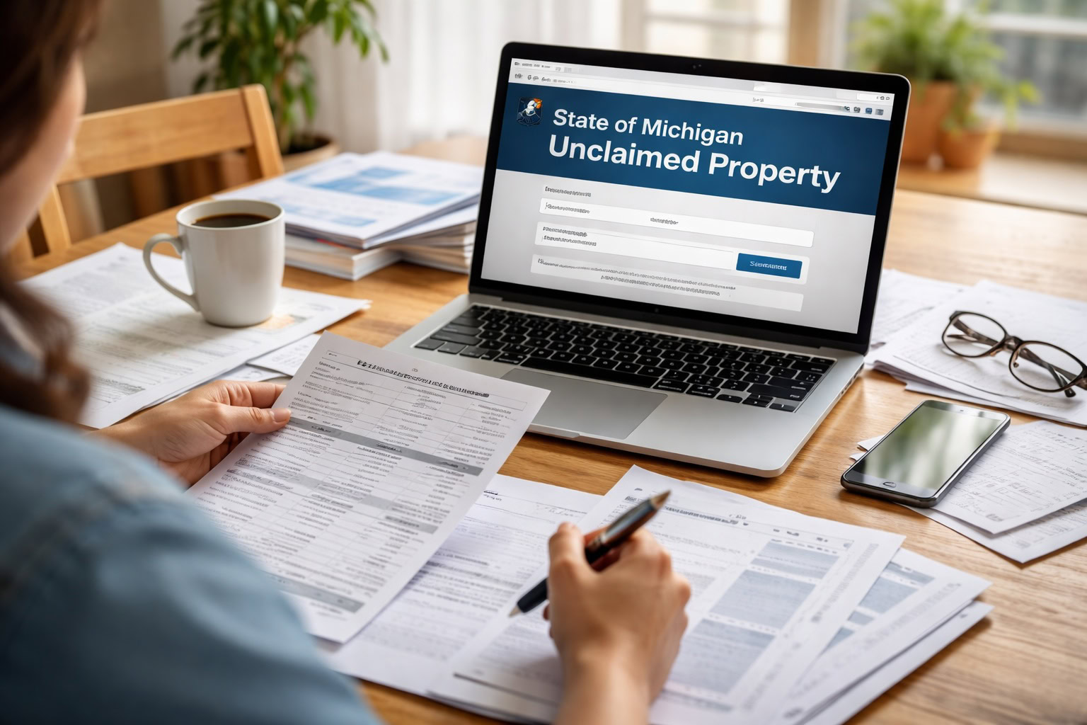 Person reviewing financial documents while searching Michigan unclaimed property database on a laptop
