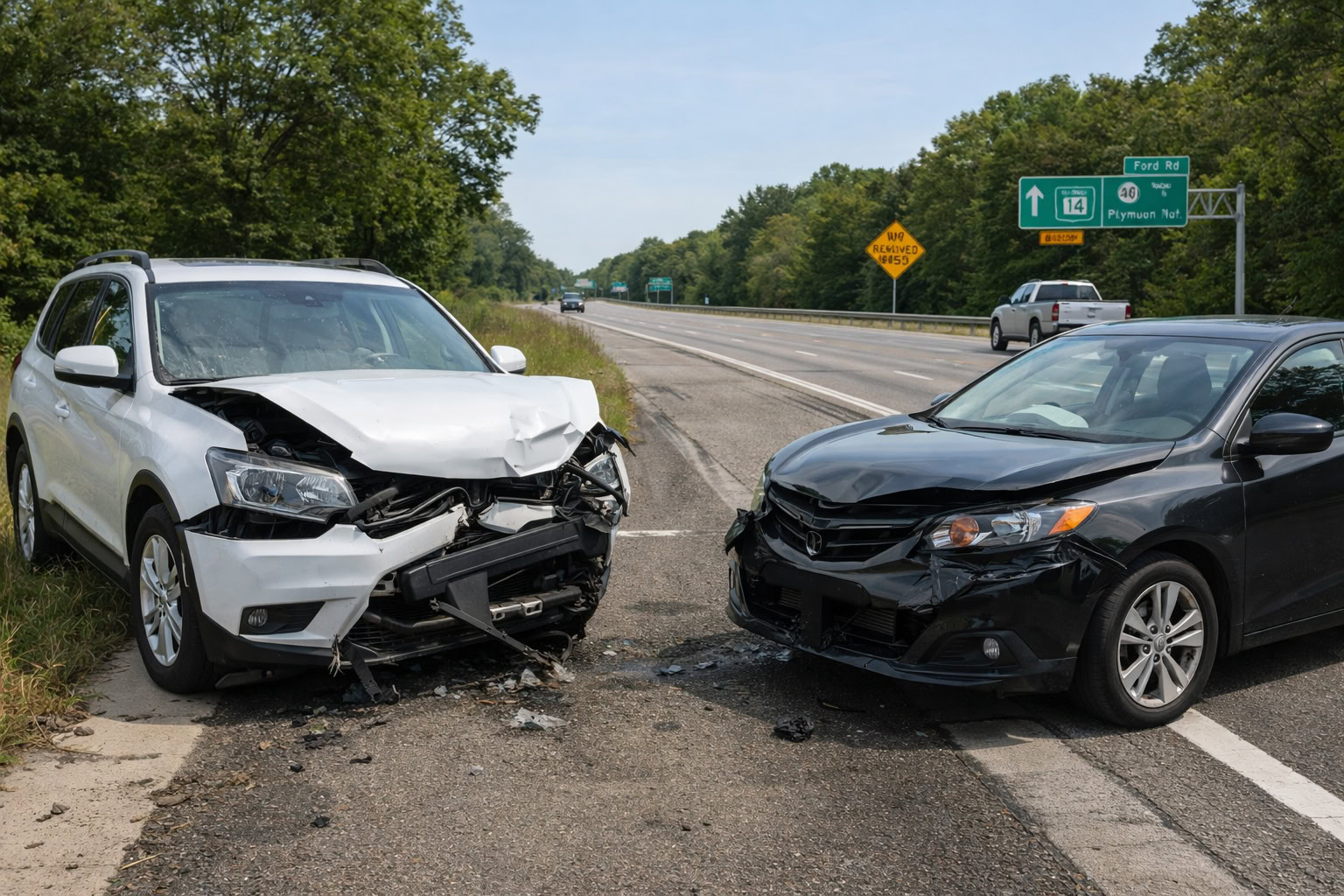 Front-end car accident on a Michigan highway shoulder illustrating bodily injury liability limits 50/100 vs 250/500 coverage decisions