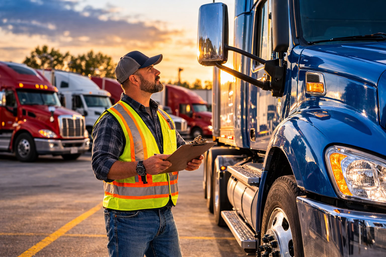 Michigan commercial truck driver performing pre trip inspection of semi truck in trucking yard
