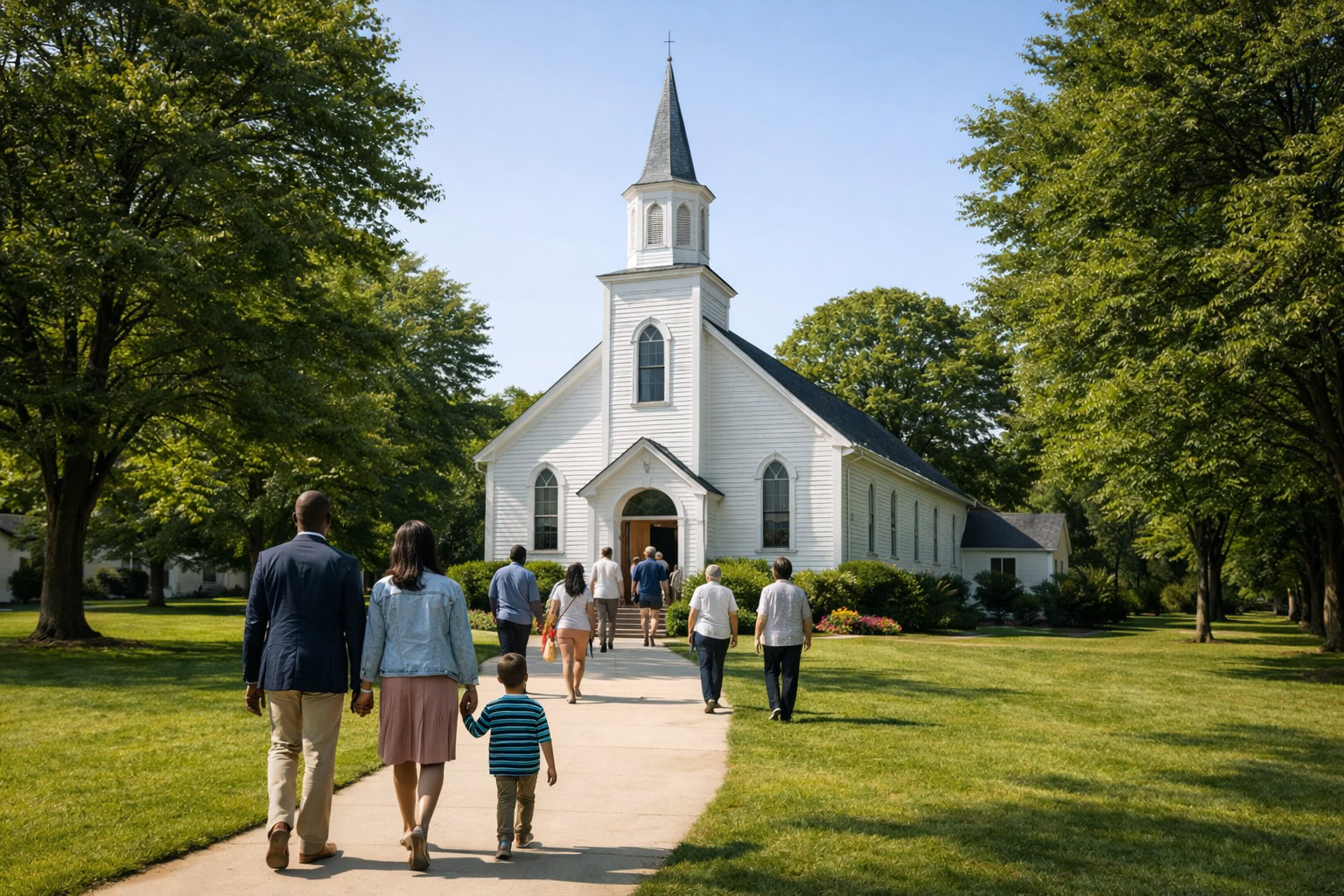 Michigan church building with a diverse congregation walking in for Sunday service on a sunny morning