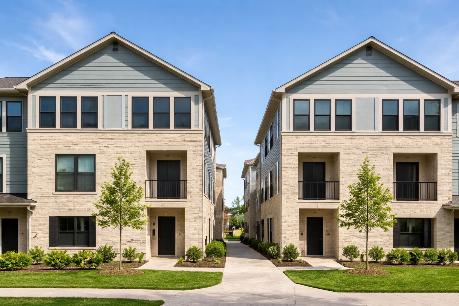Modern Michigan condominium buildings showing shared structures typically covered by a condo association master policy