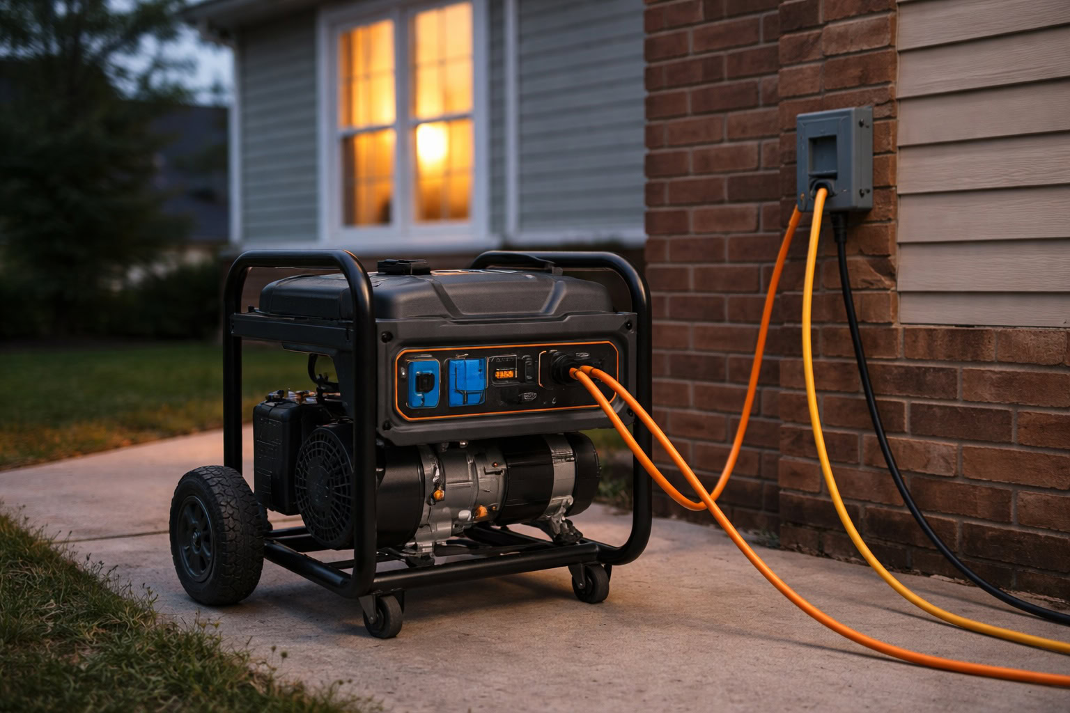 Portable generator powering a Michigan home during a power outage with extension cords connected outside