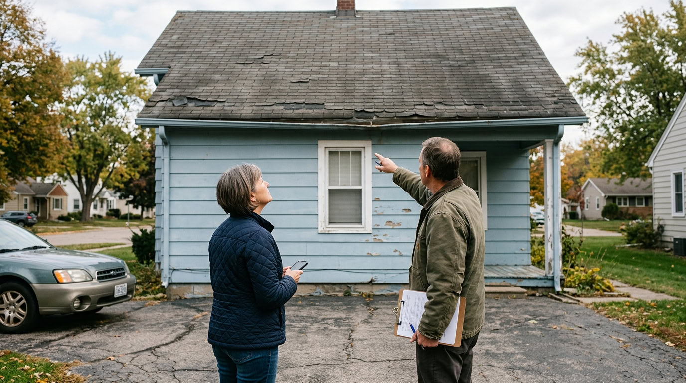Michigan homeowners inspecting aging roof and curled shingles while evaluating home repair needs