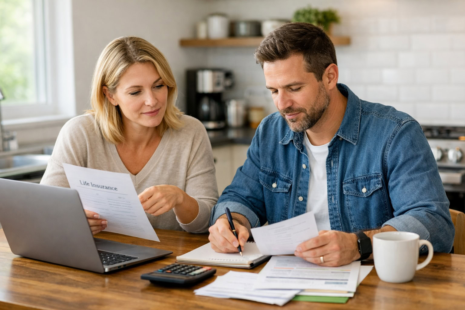 Michigan couple reviewing life insurance documents and household finances at kitchen table