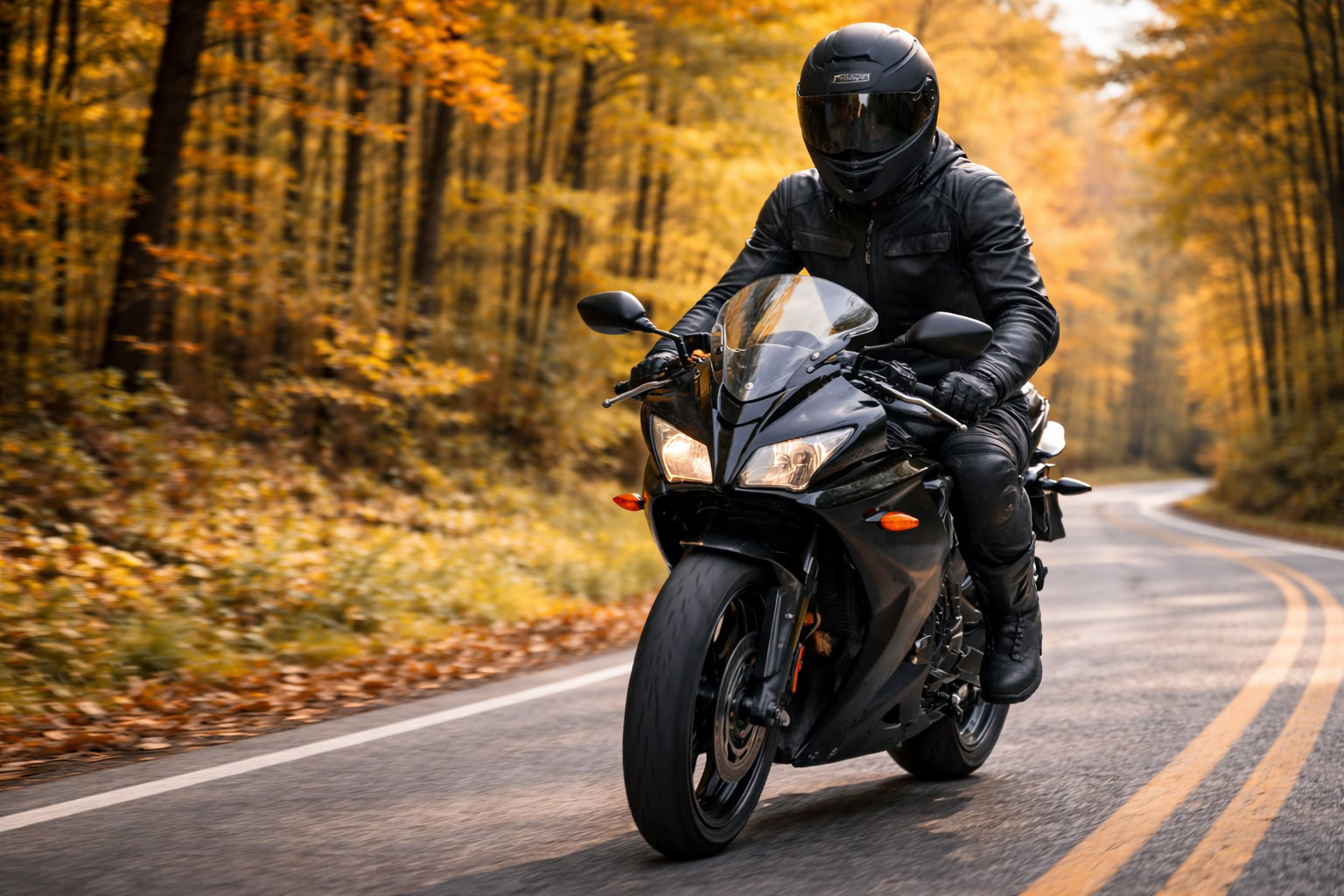 Motorcycle rider wearing full protective safety gear riding on a Michigan road in autumn