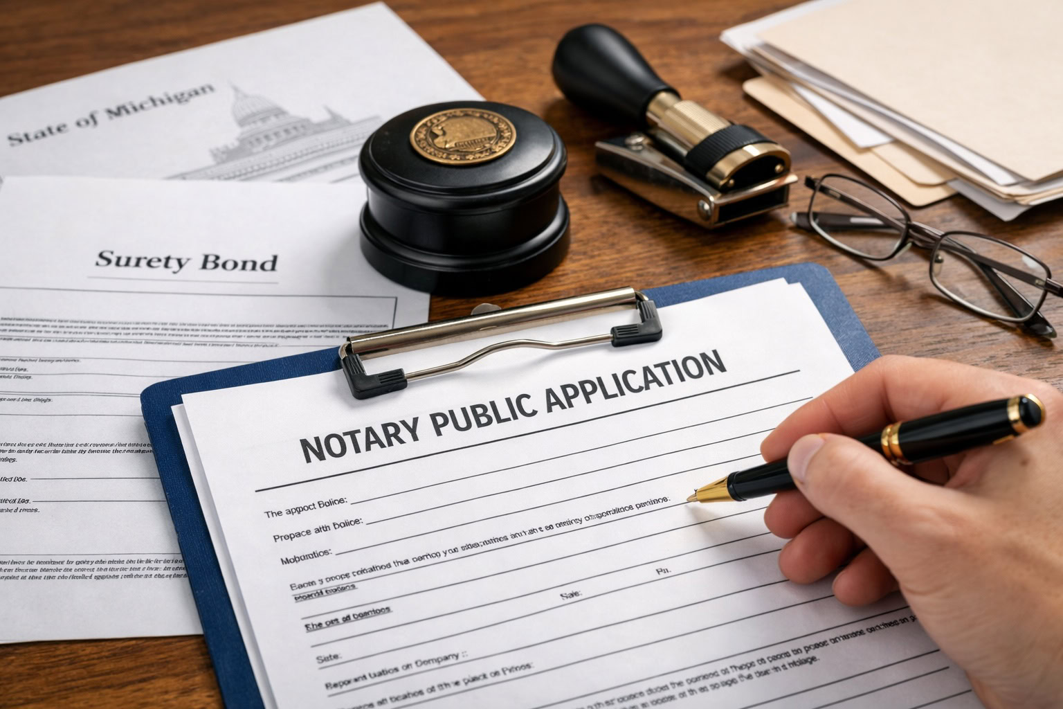 Michigan notary public application form with notary stamp and bond paperwork on desk