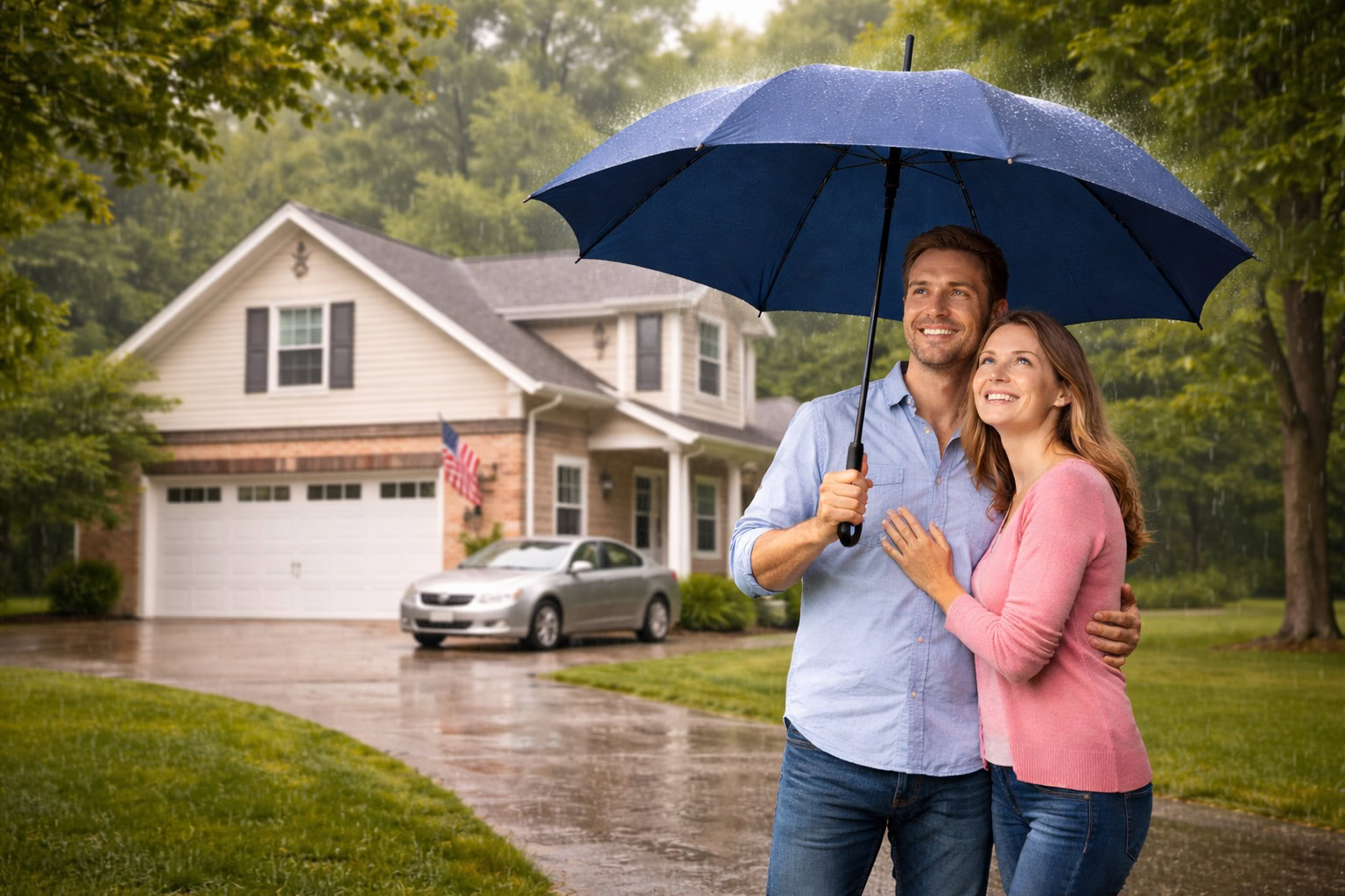 Michigan homeowners standing under umbrella outside suburban home symbolizing personal umbrella liability insurance protection
