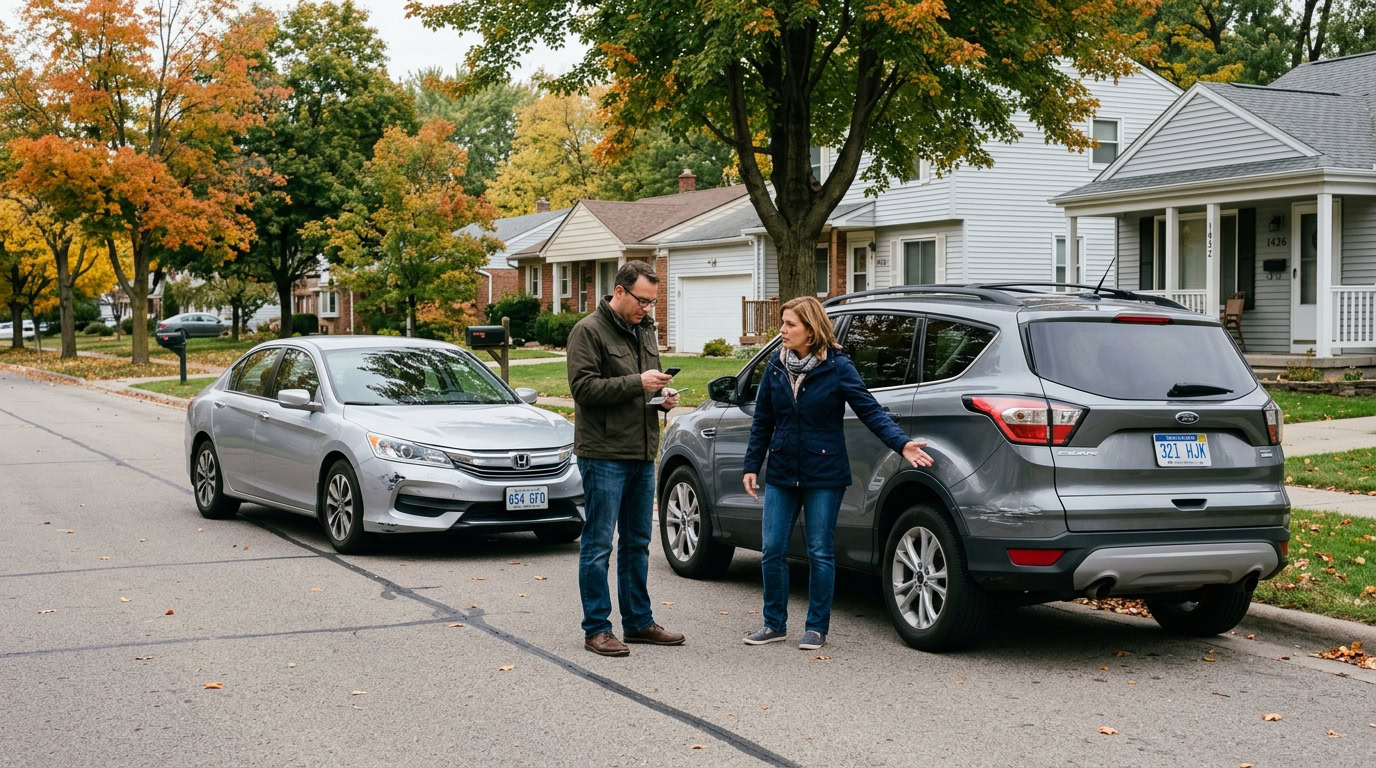 Michigan car accident with passenger and two vehicles showing minor damage explaining PIP coverage priority rules