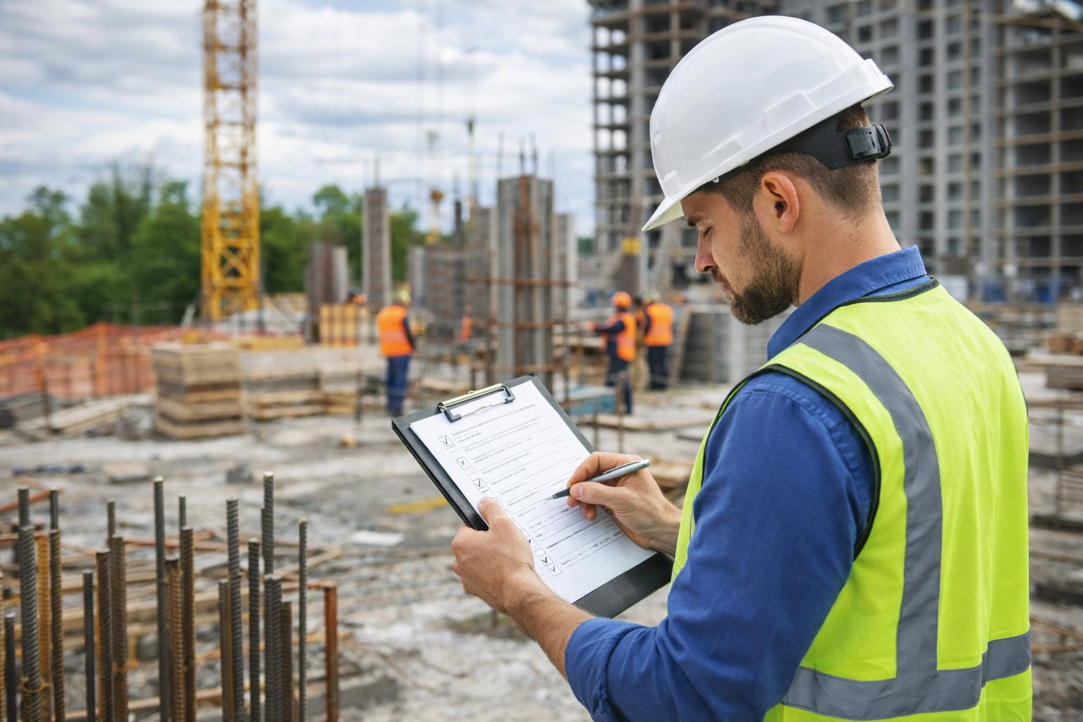 Construction supervisor reviewing a safety inspection checklist at a Michigan job site while workers perform construction tasks in the background
